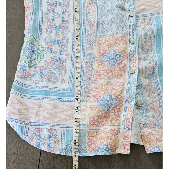 Chico's No Iron 100% Linen Button Up Top Sz 2 (12) Pastel Patchwork Bohemian - Picture 4 of 7